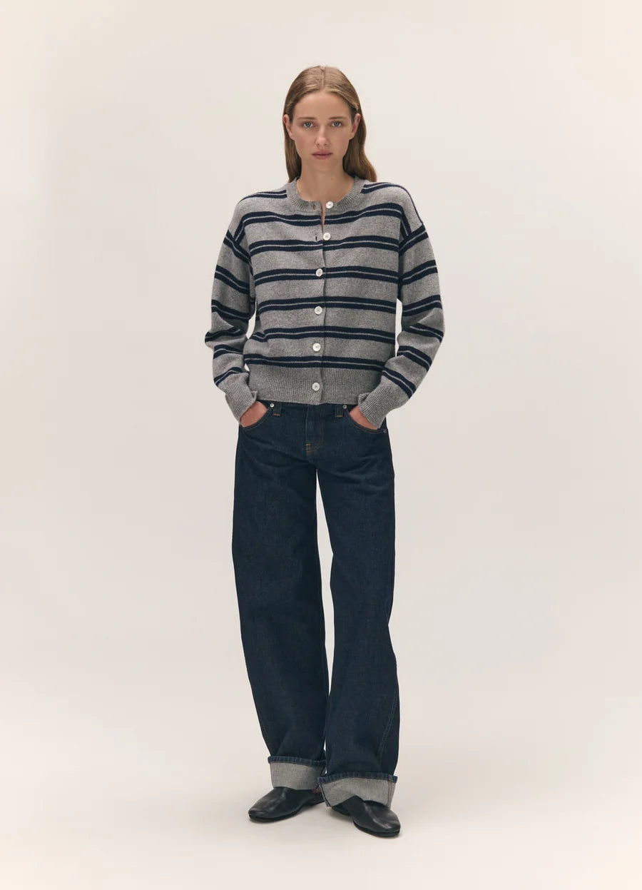 Ada Crewneck Cardigan - Flannel/Navy Stripe