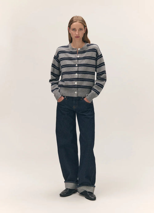 Ada Crewneck Cardigan - Flannel/Navy Stripe