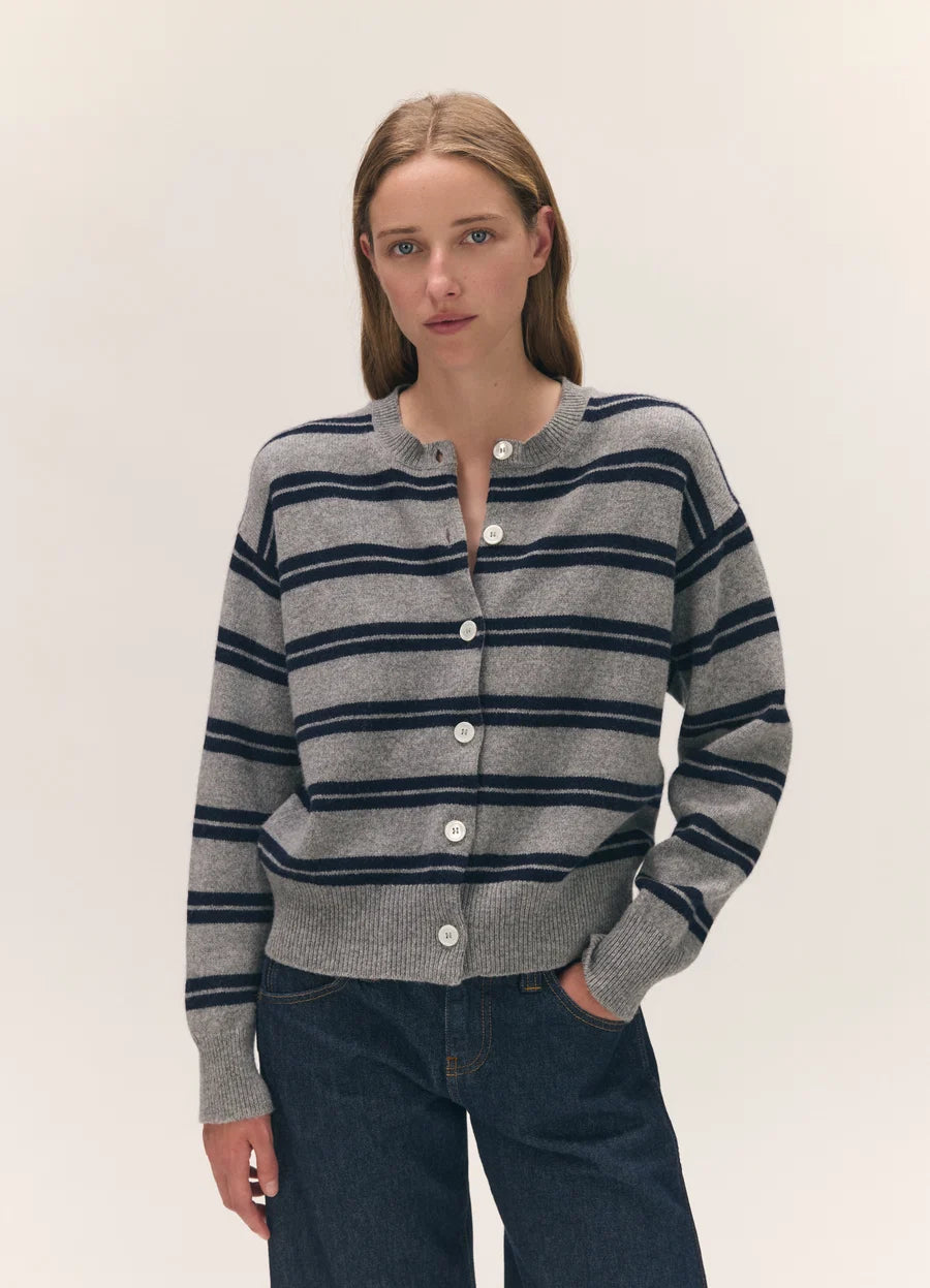 Ada Crewneck Cardigan - Flannel/Navy Stripe