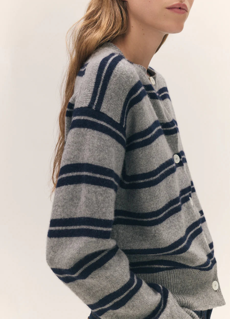 Ada Crewneck Cardigan - Flannel/Navy Stripe
