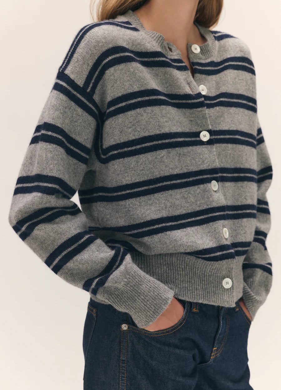 Ada Crewneck Cardigan - Flannel/Navy Stripe