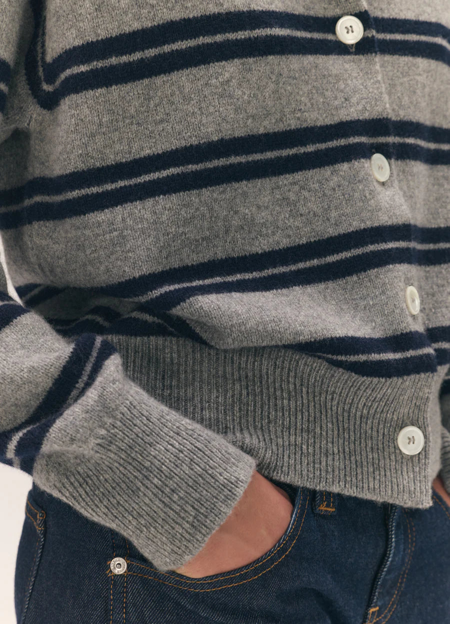 Ada Crewneck Cardigan - Flannel/Navy Stripe