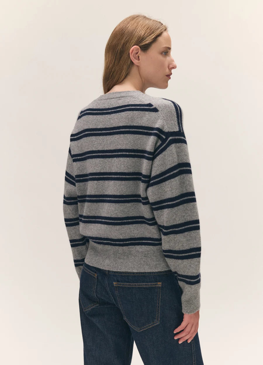 Ada Crewneck Cardigan - Flannel/Navy Stripe