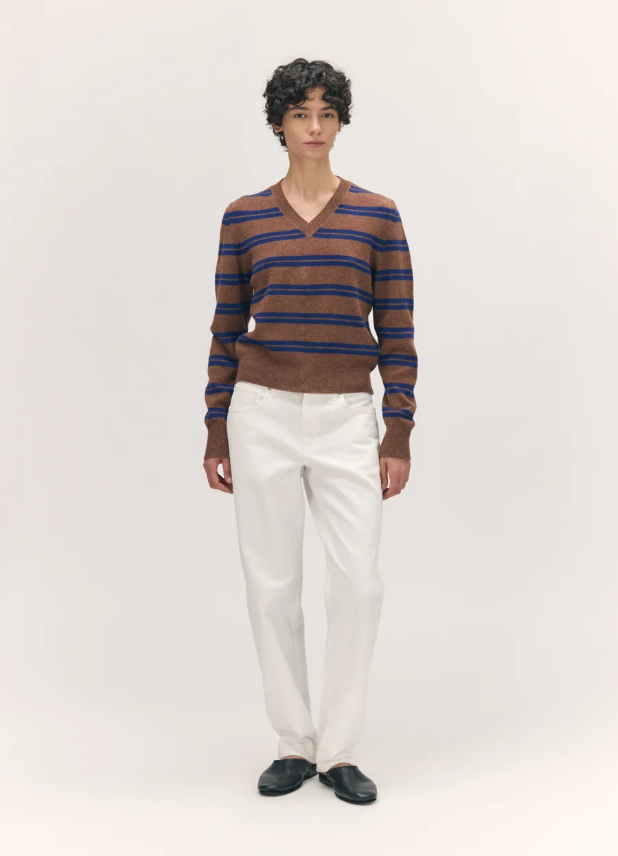 Sligo Shrunken V Neck - Hazelnut/Smalt Blue Stripe