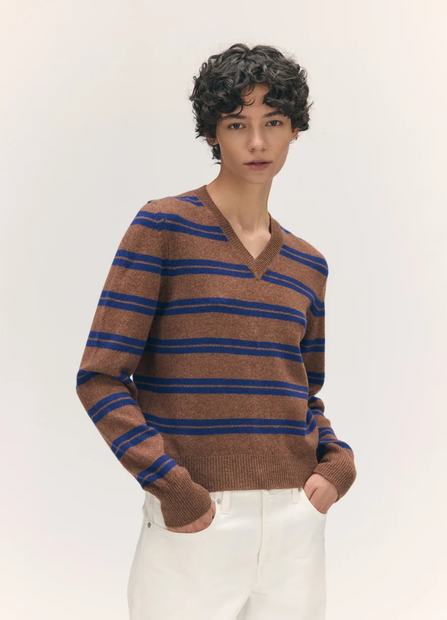 Sligo Shrunken V Neck - Hazelnut/Smalt Blue Stripe