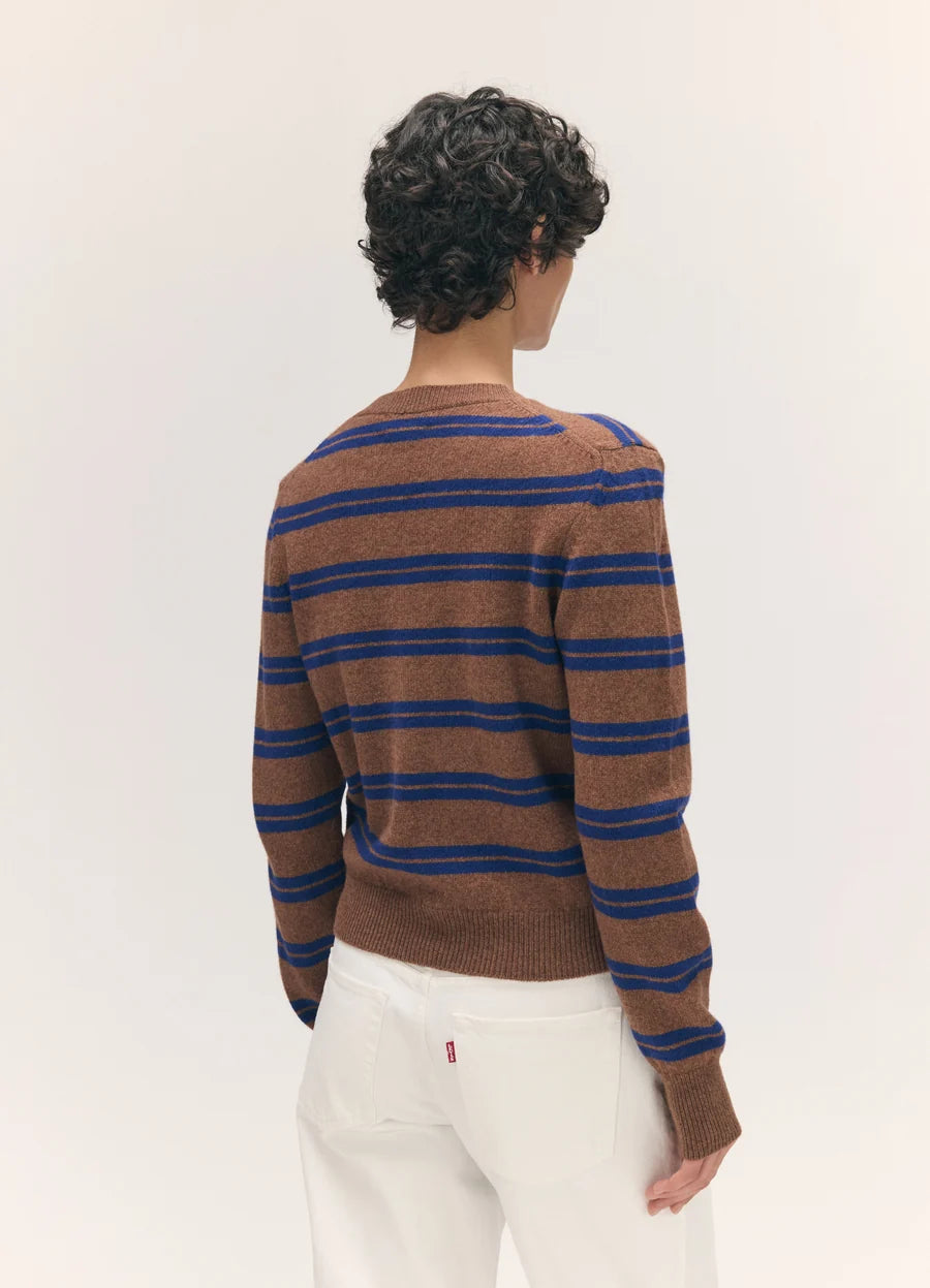 Sligo Shrunken V Neck - Hazelnut/Smalt Blue Stripe