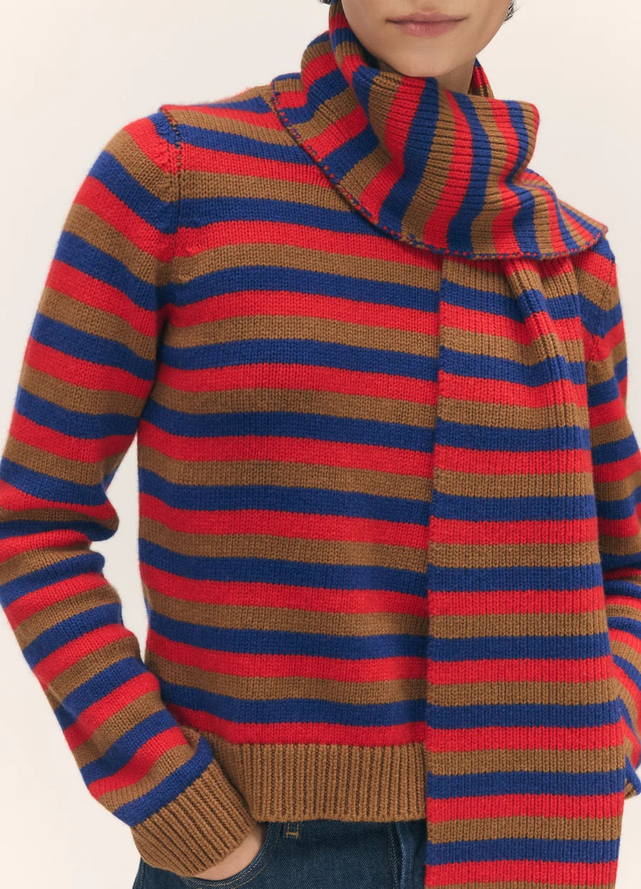 Clover Striped Scarf - Hazelnut with Poppy & Smalt