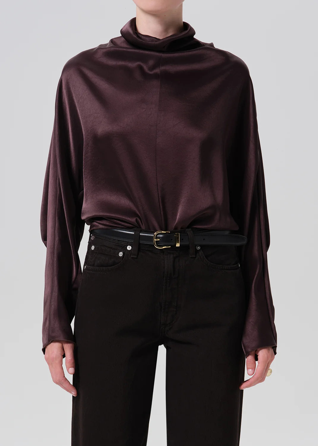 Ilaria Draped Japanese hammered Satin Top - Espresso