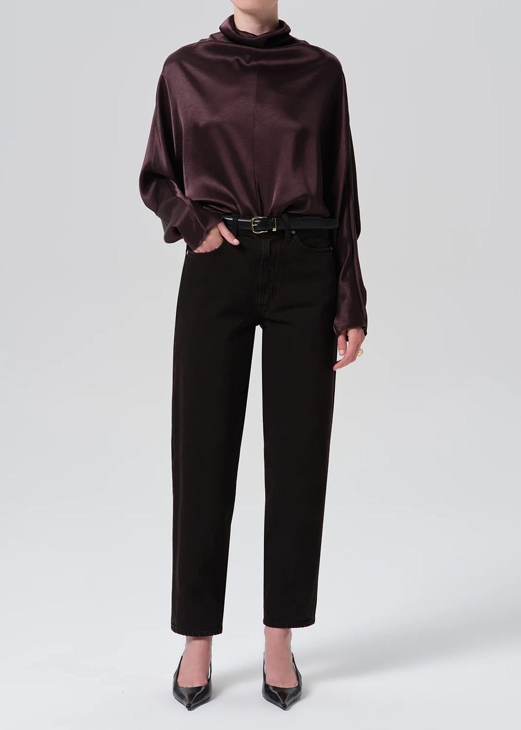 Ilaria Draped Japanese hammered Satin Top - Espresso