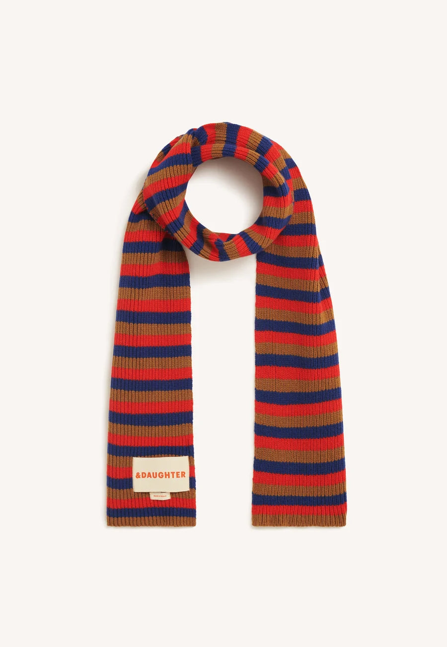 Clover Striped Scarf - Hazelnut with Poppy & Smalt