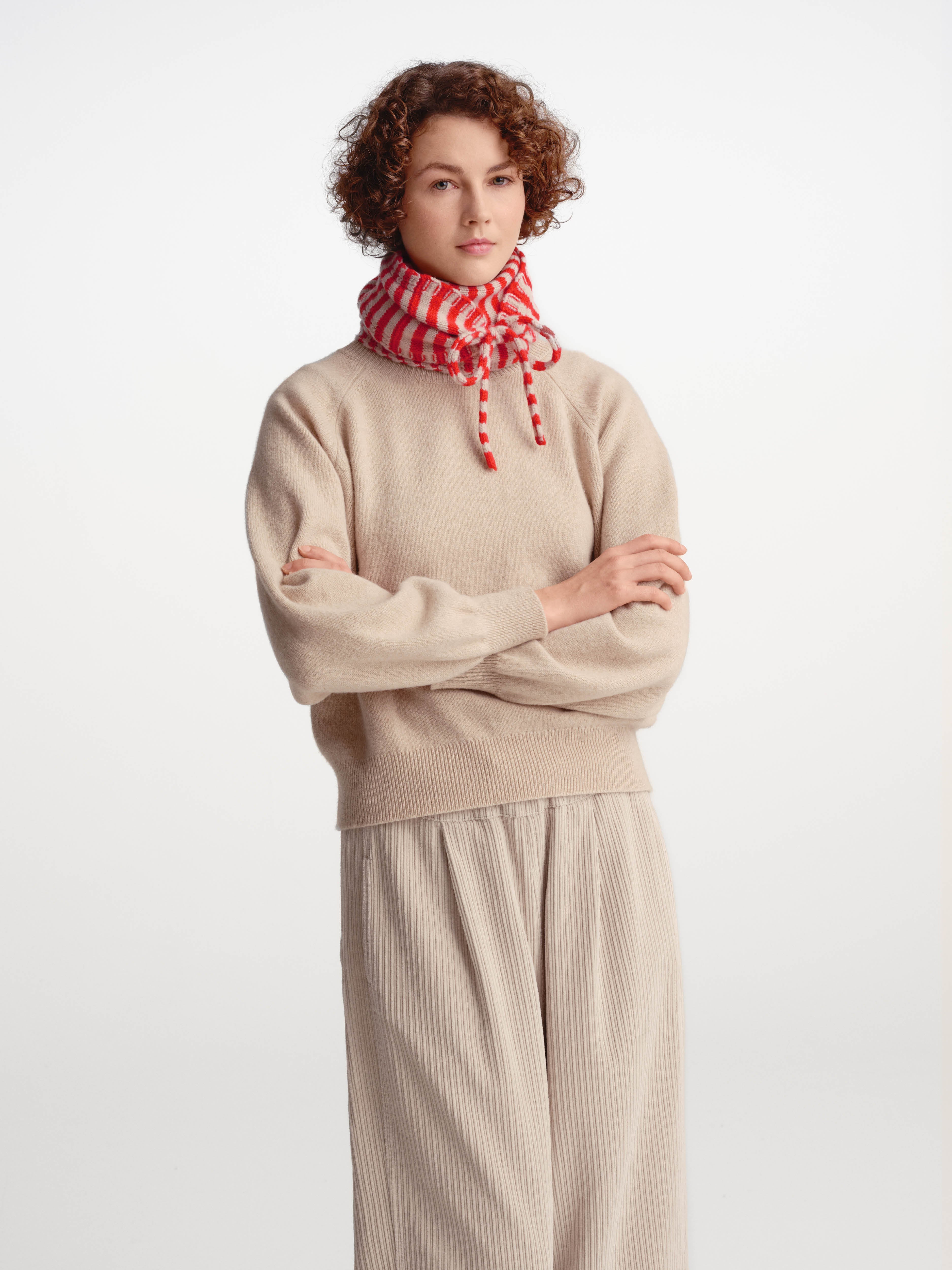 Striped Scarf with Ties - Poppy & Oatmeal