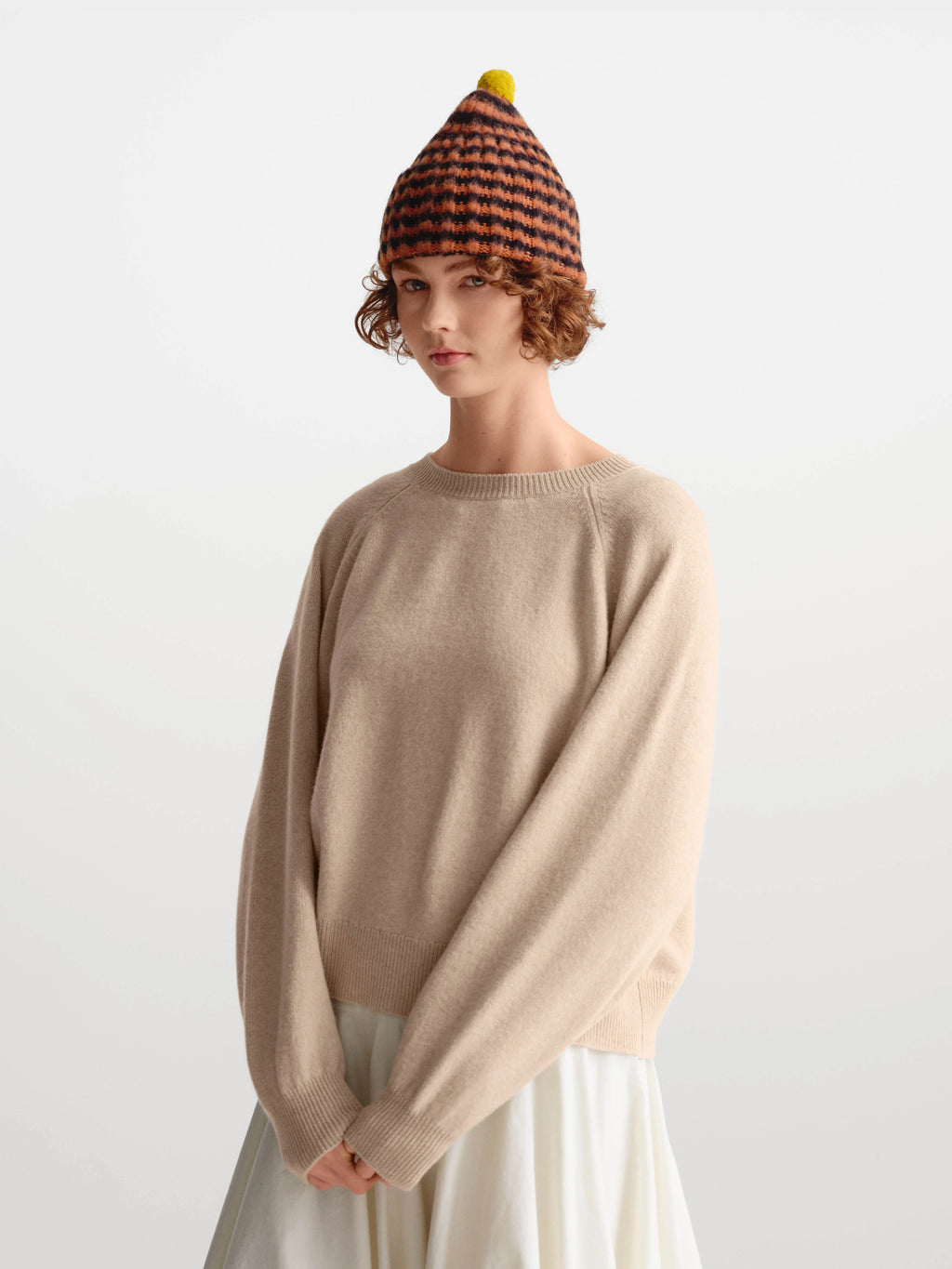 Brushed Rib Narrow Striped Hat Contrast Pompom - Black & Iron Oxide