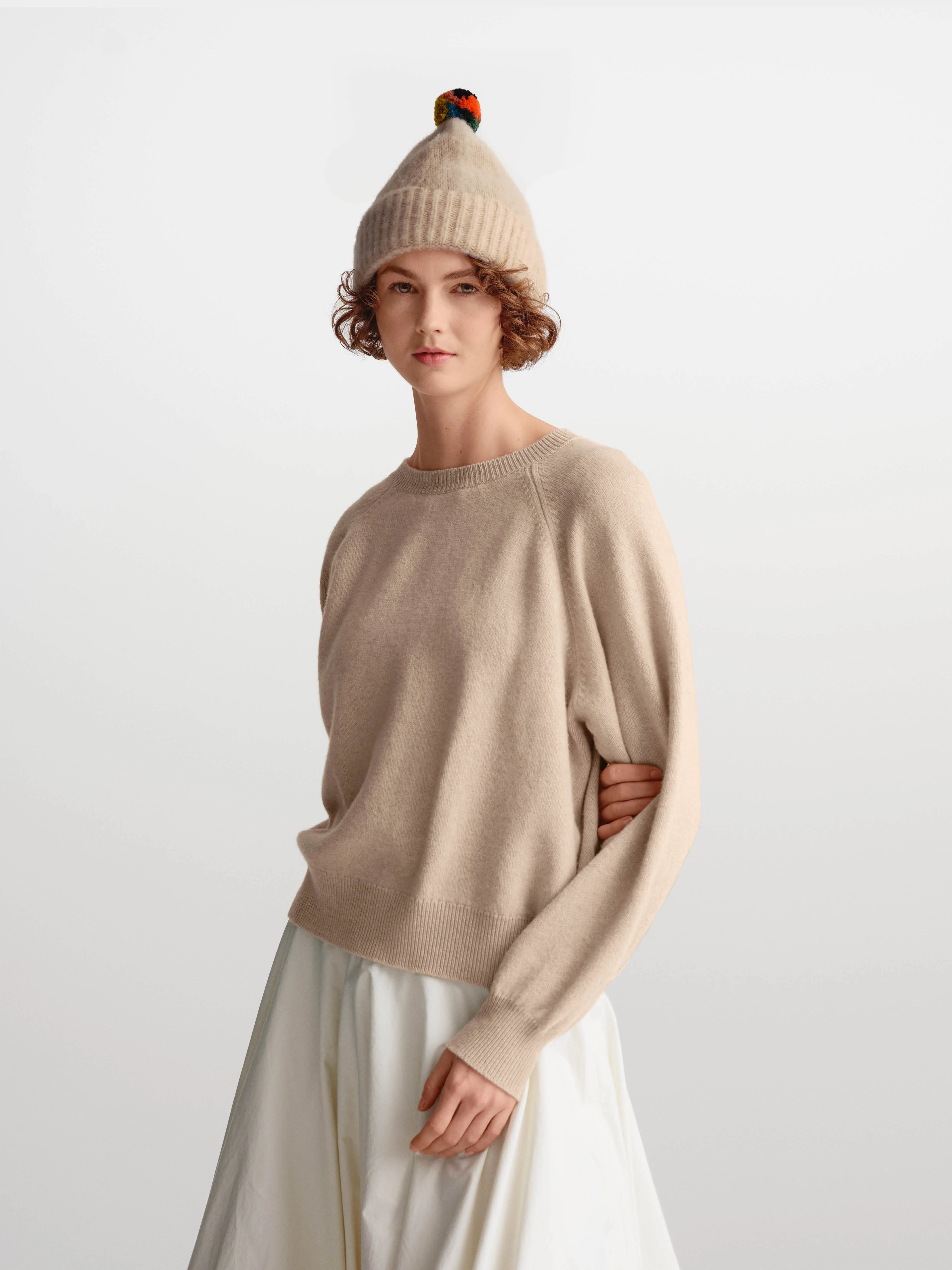 Brushed Hat Stripe Pompom - Oatmeal