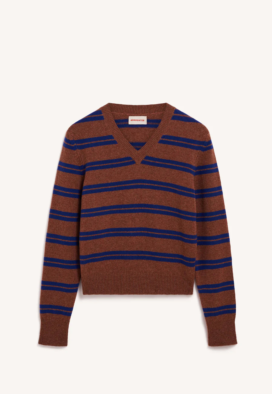 Sligo Shrunken V Neck - Hazelnut/Smalt Blue Stripe