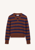 Sligo Shrunken V Neck - Hazelnut/Smalt Blue Stripe