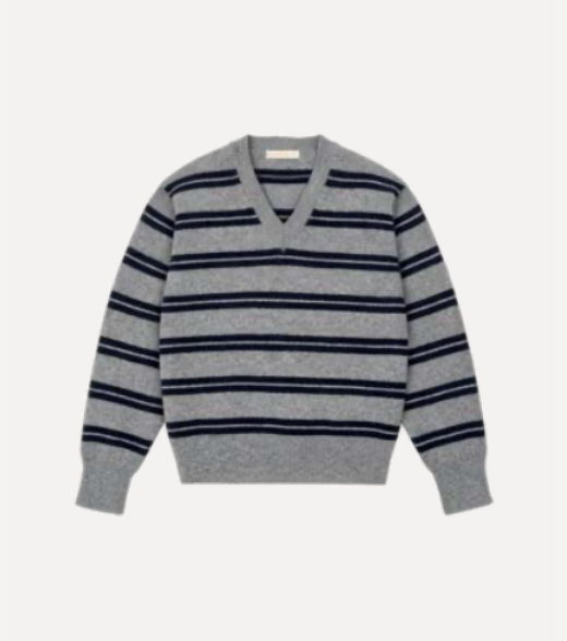 Sligo Shrunken V Neck - Flannel/Navy Strip