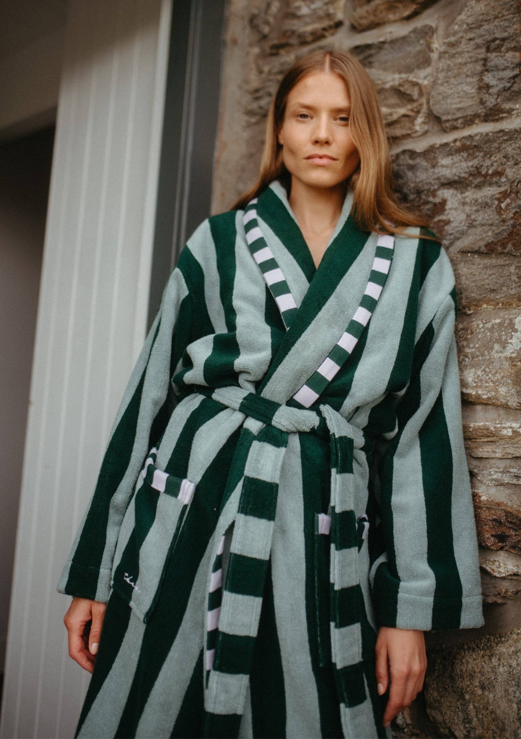 Terry Cotton Bath Robe in Green Stripe