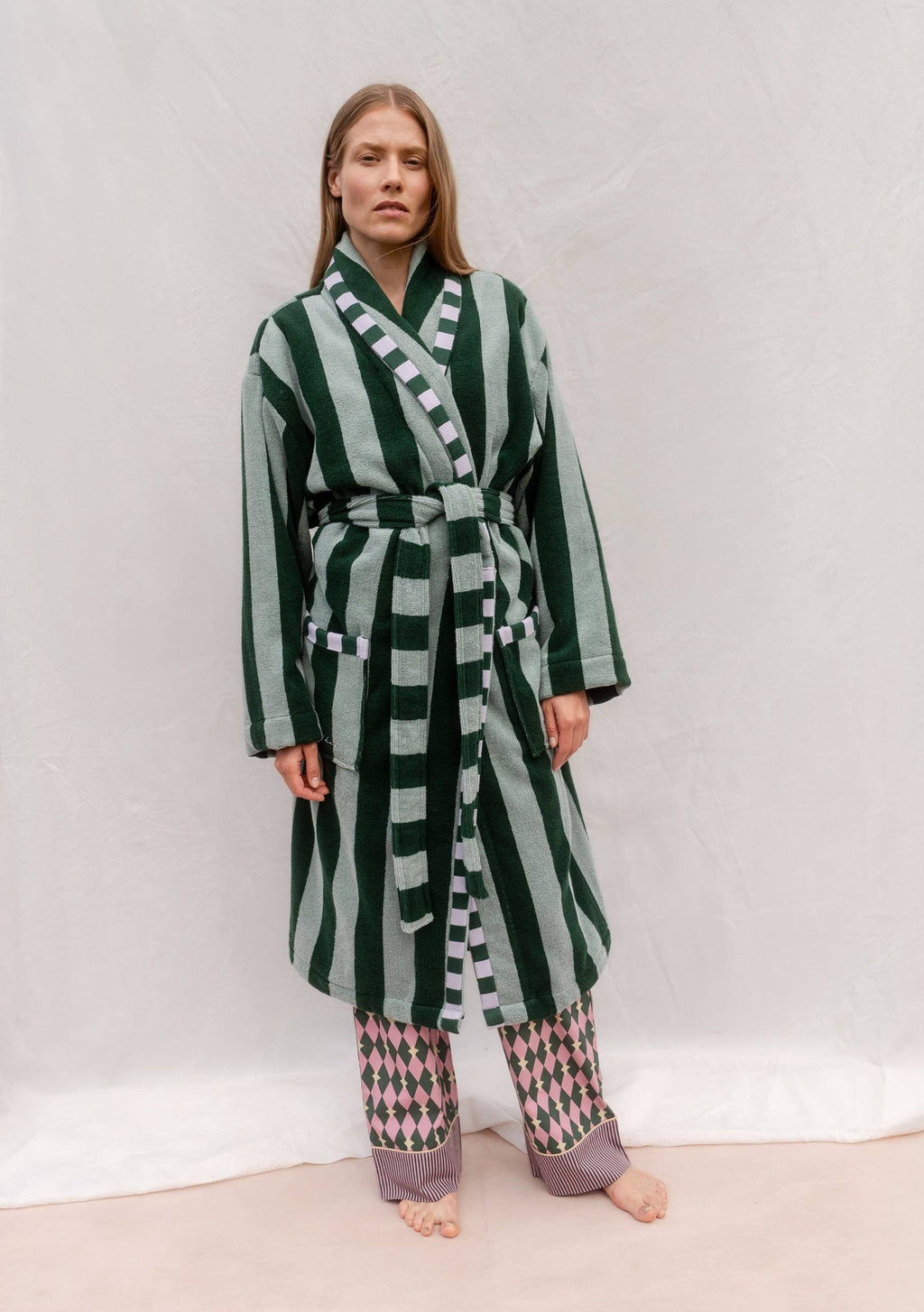 Terry Cotton Bath Robe in Green Stripe