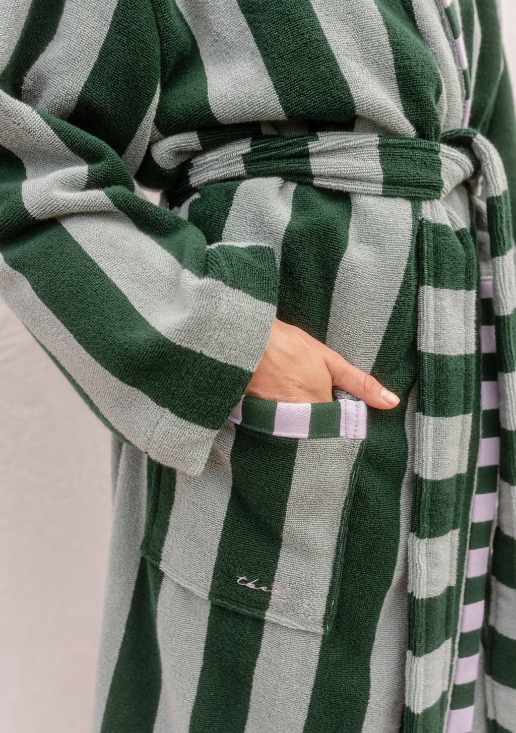 Terry Cotton Bath Robe in Green Stripe